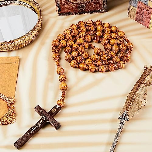 2 Pcs Catholic Wooden Rosary Large 38 Inch Rosary Beads Catholic for Men with Jesus Cross Rosarios Catolicos Wooden Rosary Rustic Religious Wooden Cross Necklace for Men Baptism First Communion - Thumbnail 5