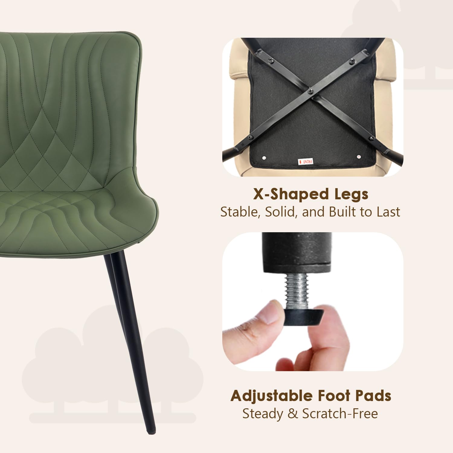 Kidol & Shellder Dining Chairs Set of 2, Modern PU Leather Kitchen Chairs for Dining Room, Uplostered Lounge Leisure Chair with Backrest Metal Legs for Living Room, Bean Green — view 7