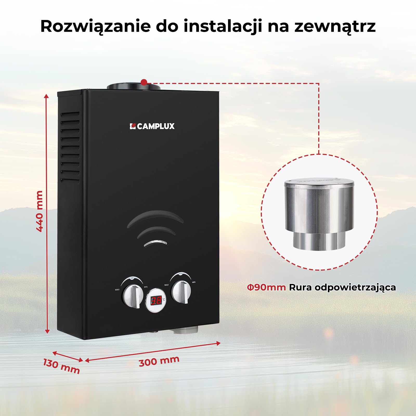 CAMPLUX BW158BCP60-DE bezzbiornikowy bezzbiornikowy podgrzewacz przepływowy 50 mbar, LPG z pompą wodną 12 V i osłoną przeciwdeszczową, na prysznic kempingowy/wycieczkę do kampera/konia myjącego