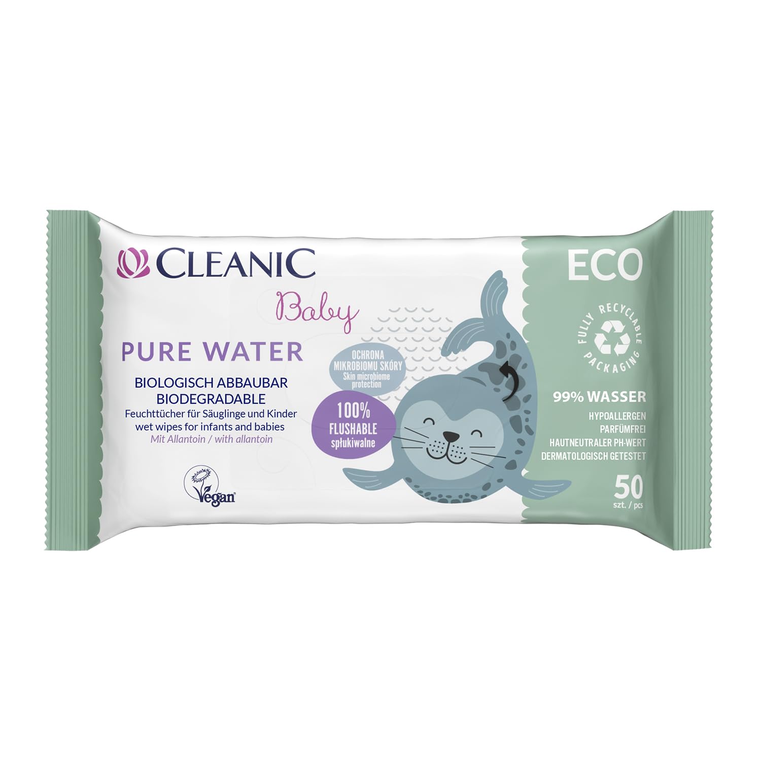 Cleanic Baby Eco Pure Water Feuchttücher – (1x50 Stück) Feuchttücher für Kinder und Säuglinge – parfümfrei, spülbar, empfindliche Haut – 50 Stück