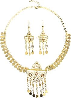 Dubai Bridal Necklace Earrings Set for Women Modern Hollow Alloy Big Pendant with Dynamic Tassel Accents Elegant Middle Eastern Wedding Jewelry for Party and Bridal Wear