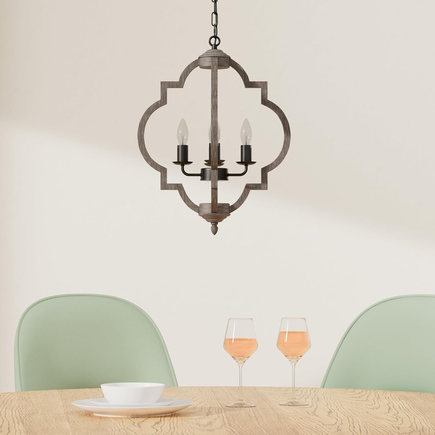 16.14" 4-Light Farmhouse Wood Chandelier, Rustic Orb Pendant Lighting Fixture with Adjustable Chain, Vintage Ceiling Hanging Lights for Foyer Entryway Dining Room Kitchen Island, Handmade Oak Finish