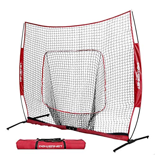 PowerNet 8x8 Ft XLP PRO Hitting Net Net (Red) | One Piece Base Frame | Huge Baseball Softball Hitting Pitching Area | Great for Teams | Batting Fielding Portable Backstop | 64SqFt of Coverage
