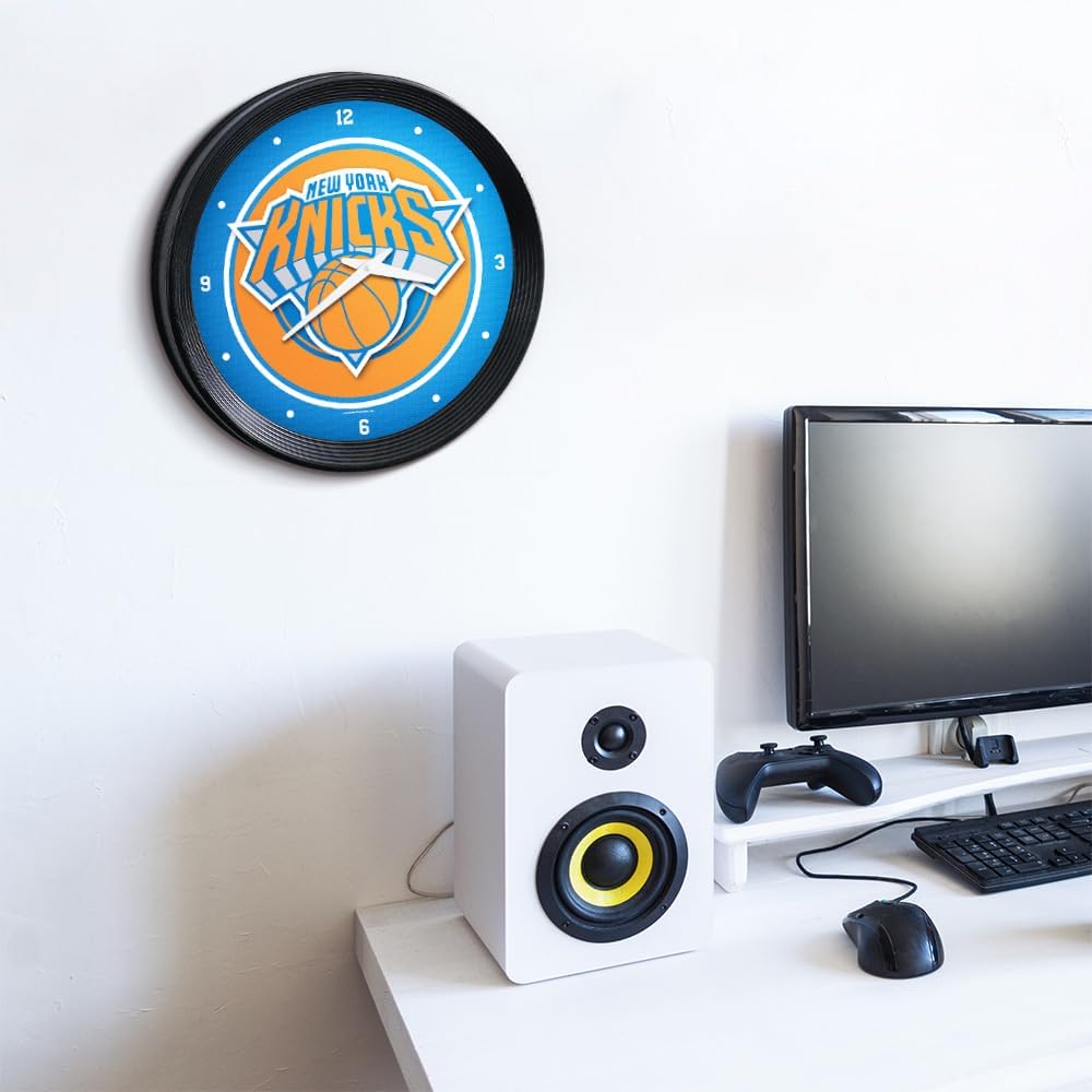 The Fan-Brand NBA New York Knicks: Ribbed Frame Wall Clock- Sports Decor for Home, Game Room, Fan Cave & Garage - USA Made