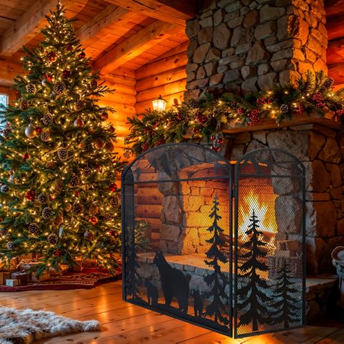 Image of Hogardeck 48 inch x 30 inch Fireplace Screen, 3 Panel Fire Place Cover for Living Room, Christmas Decoration Gate with Polar Bear for Brick Fireplace, Baby Proof, Pet Safety