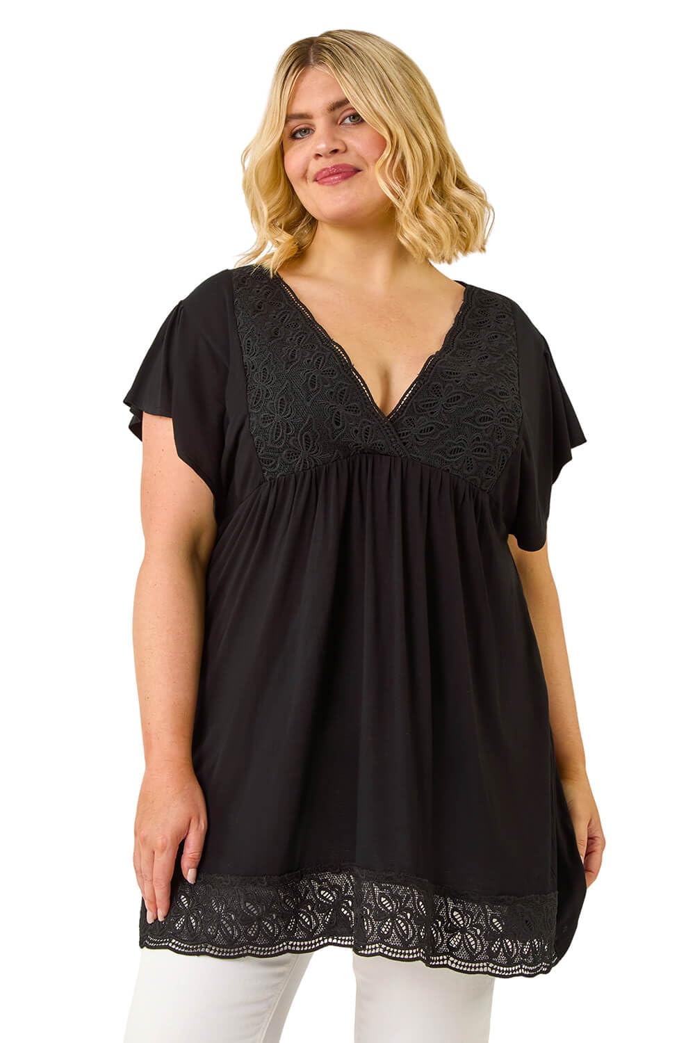 Roman Curve Lace Trim Stretch Top for Women UK - Ladies Everyday Holiday Spring Summer V-Neckline Comfy Soft Evening Vacation Work Party