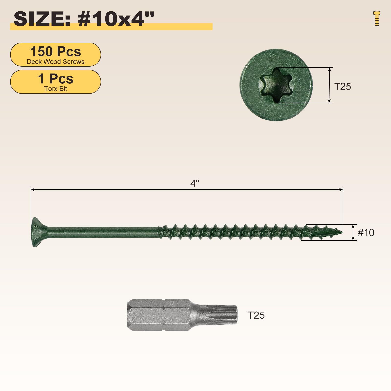 METALLIXITY Deck Screws (#10x4") 150Pcs, Carbon Steel Wood Screw Decking Screws Epoxy Coated with T25 Torx Drive Head - Image 2