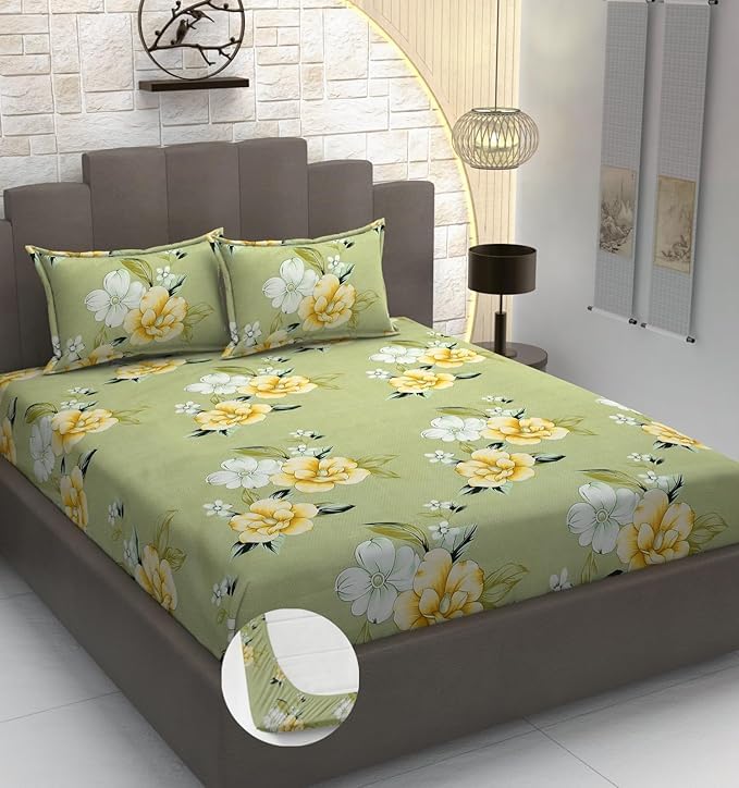 Premium Cotton Feel Glace Cotton 210 Tc Elastic Fitted Bedsheets with 2 Pillow Covers Double Bed with Corner Elastic Floral Pattren |Size-72X68+ 6 Inches Homes 1195-image-40