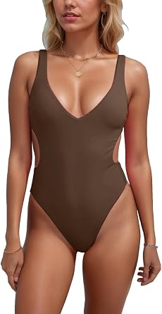geluboao One Piece Swimsuits for Women Sexy V Neck Cutout Adjustable Push Up Tummy Control High Cut Thong Bathing Suit