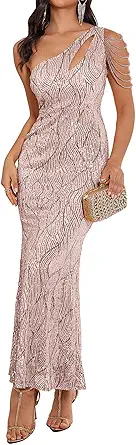 Sequin One Shoulder Maxi Dress for Women - Elegant Formal Gown for Wedding Guests