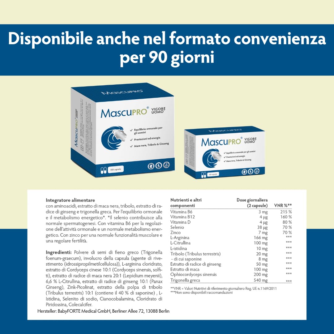 MascuPRO® Vigore Uomo Maca Nera - Estratto di Maca 20:1 con Tribulus terrestris, Cordyceps, Fieno greco, Zinco, Ginseng | Energia ed prestazioni | 180 capsule