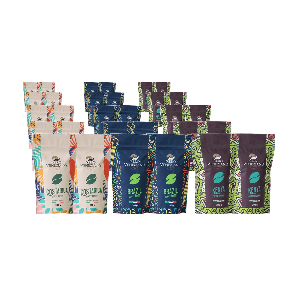Nero Veneziano Collection, Kit Degustazione - Brazil, Costa Rica & Kenya, Caffè Premium Mcinato 30x200 g, Tostatura Media, Artigianale Italiano, Per MOKA