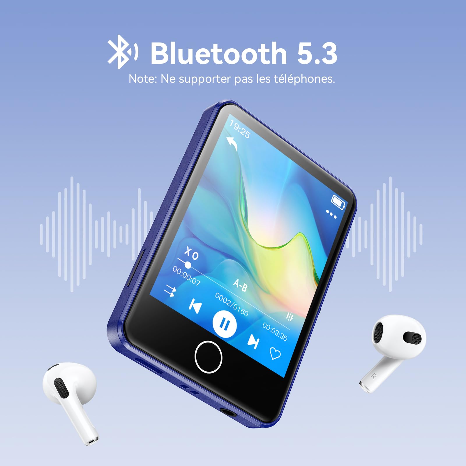 AGPTEK 64Go MP3 Bluetooth 5.3, Baladeur Numérique 2.8" Tactile Lecteur Musique HiFi avec Haut-Parleur/Radio FM/Enregistreur, Externe Jusqu'à 128Go, Incluse Protection en Silicone et Écouteurs, Bleu