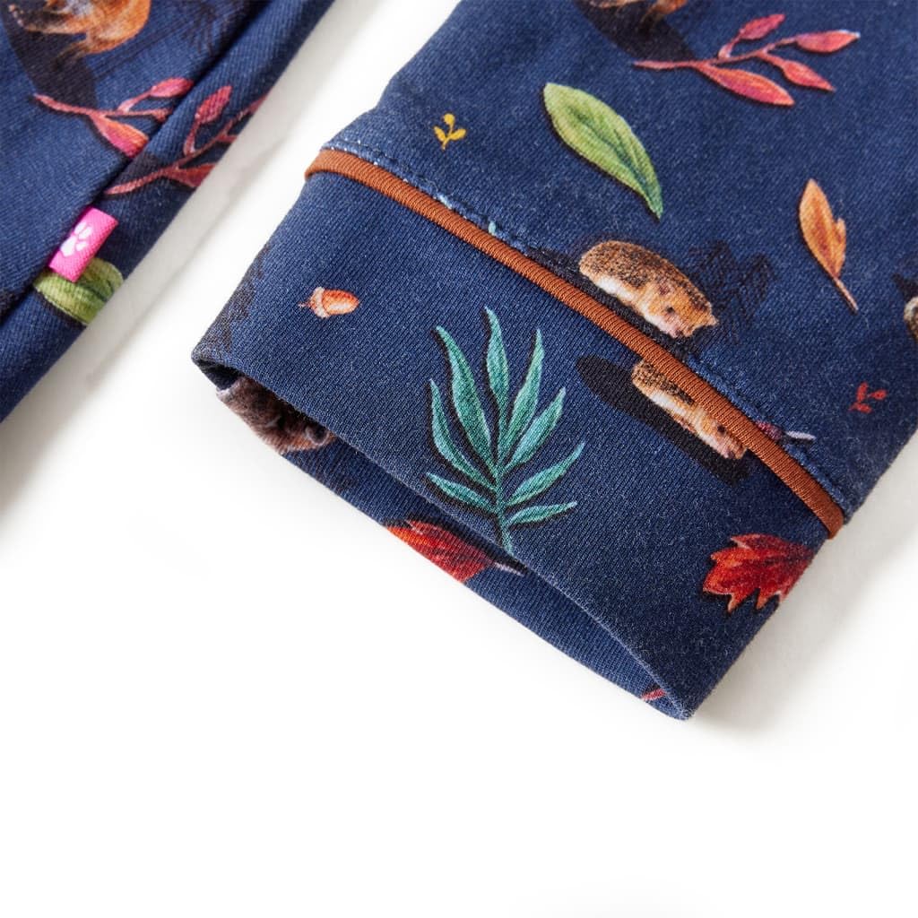 Vestido infantil de manga larga azul marino para niñas, vestido de fiesta con estampado de hojas, algodón elastano, cómodo, transpirable, adecuado para guardería, cumpleaños, fiesta