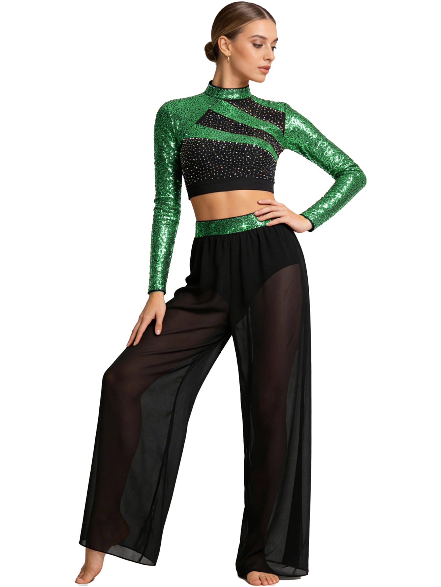 ranrann Traje Baile Contemporáneo de 2 Piezas para Mujer con Lentejuelas Crop Top de Manga Larga y Pantalones Traje de Gimnasia Rítmica para Actuación S-XXL