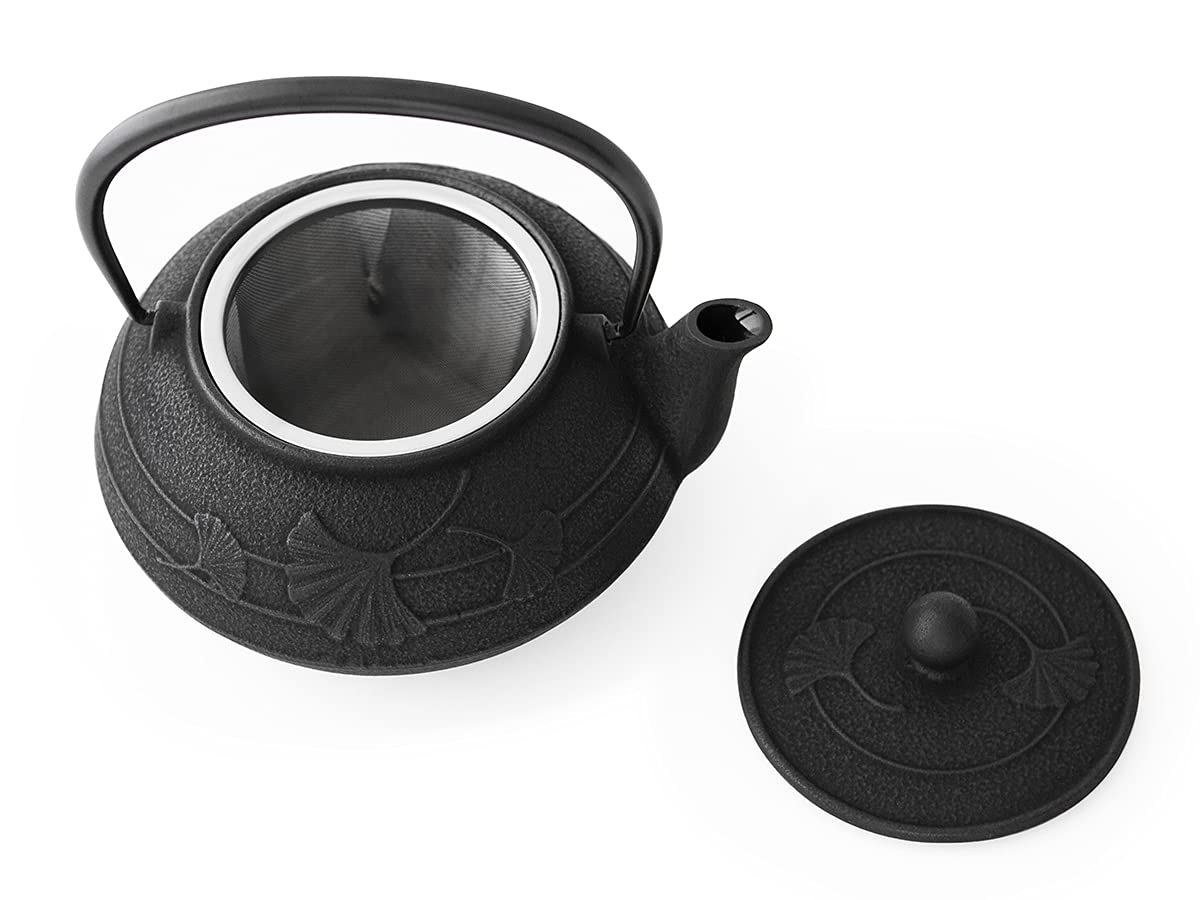Iwachu Ginkgo Théière Japonaise en Fonte Noir 0,65 l Intérieur émaillé, Tous Types de thé.