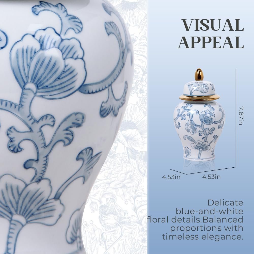 Blue and White Ginger Jar with Hand-Painted Floral Design, Ceramic Decorative Vase with Gold Trim Lid, Chinoiserie Home Decor for Living Room, Shelf, Mantel