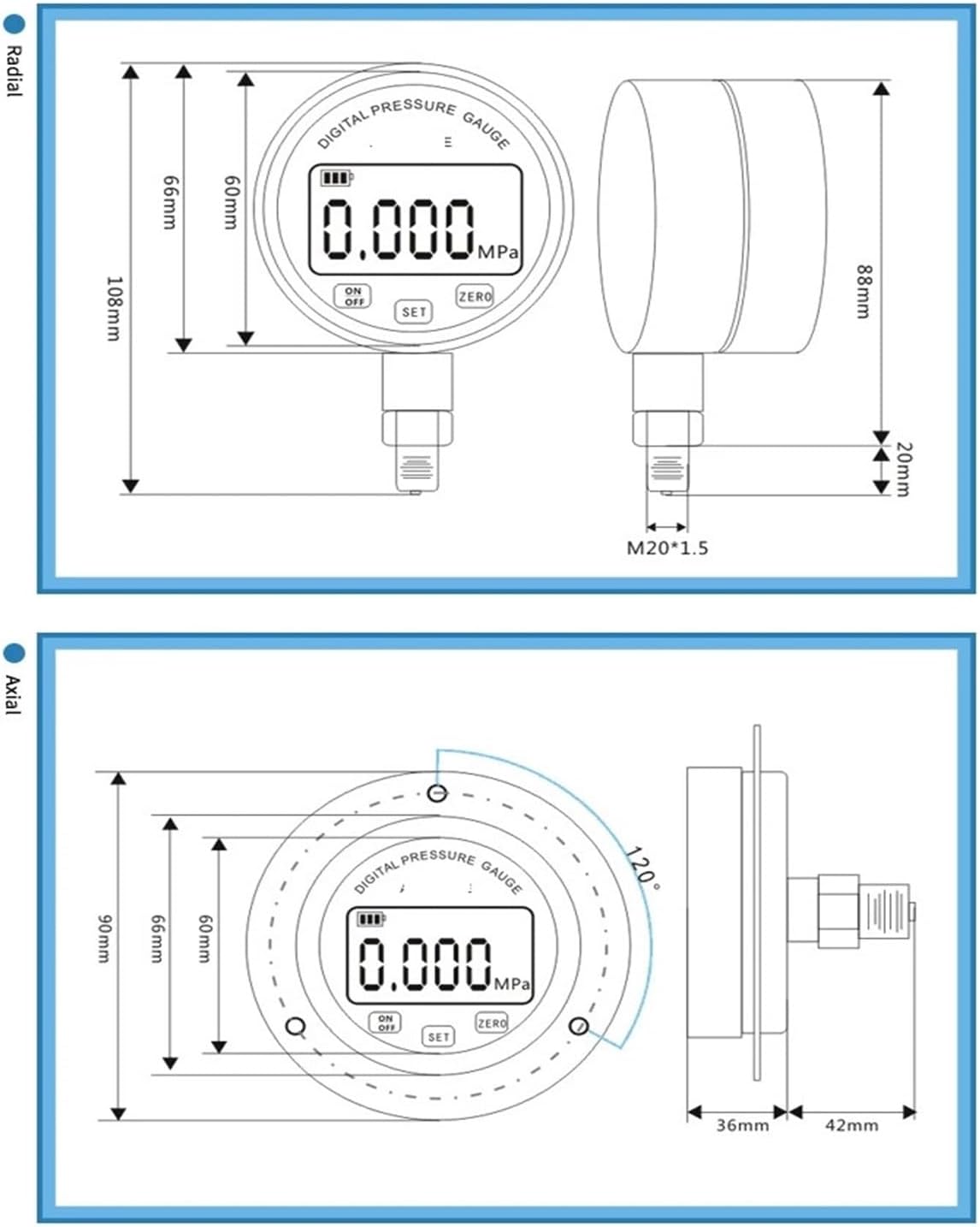 NPT1-4 threaded axial 60mm LCD stainless steel hydraulic gas/water/fuel digital pressure gauge 60Mpa LCD digital pressure gauge pressure gauge(0-16MPa)
