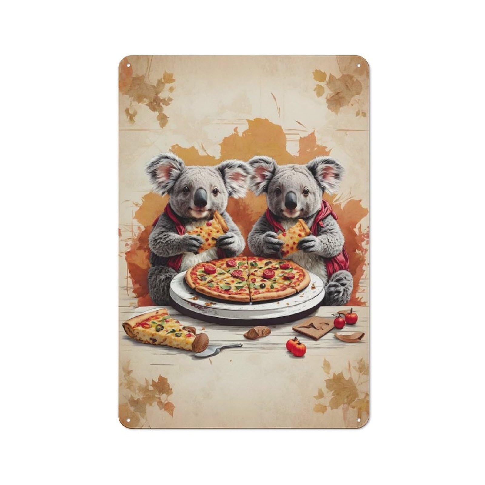 Junmoney Twin Koalas Eating Pizza Tin Wall Plaque 30X20cm With For Living Room Or Hallway, A Decorative Christmas Gift For Hallway Decor Fans