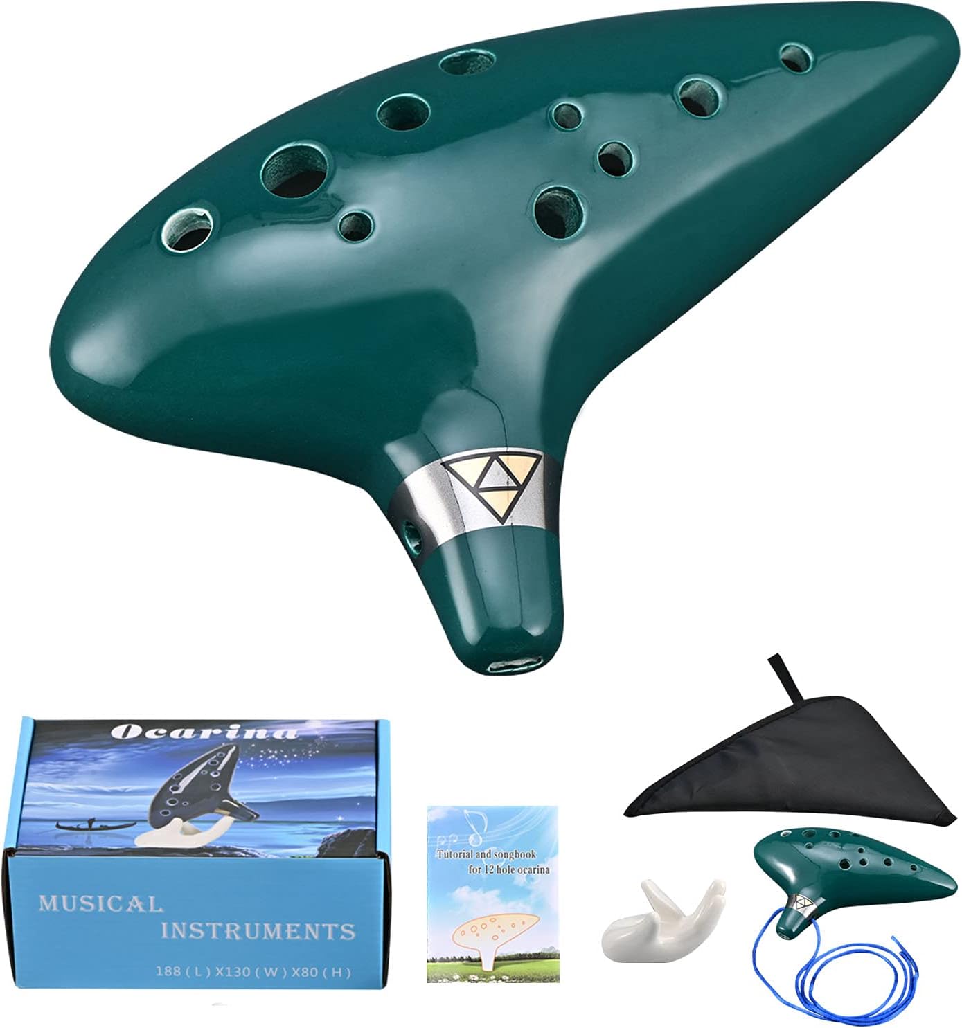 LIEKE Ocarina 12 Holes Alto C Ceramic Ocarinas with Display Stand Song Book Neck-Strap Bag (Dark Green)