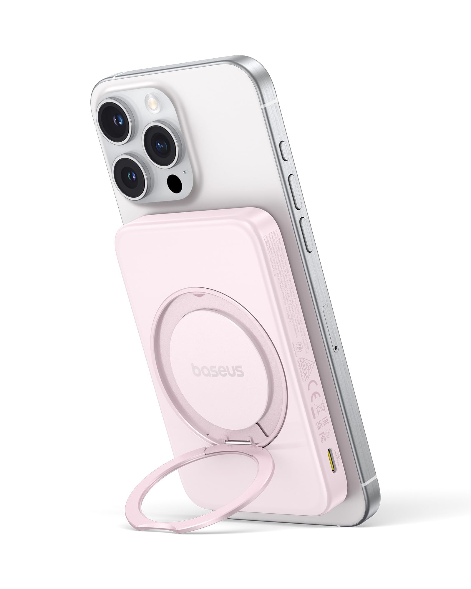 BaseusQi2 MagSafe Power Bank, Ultra-Slim PicoGo 15W Ultra-Fast Wireless Portable Charger with 360° Rotatable Ring Stand, 5000mAh Magnetic Battery Pack for iPhone 16/15/14/13/12 Series (Pink)