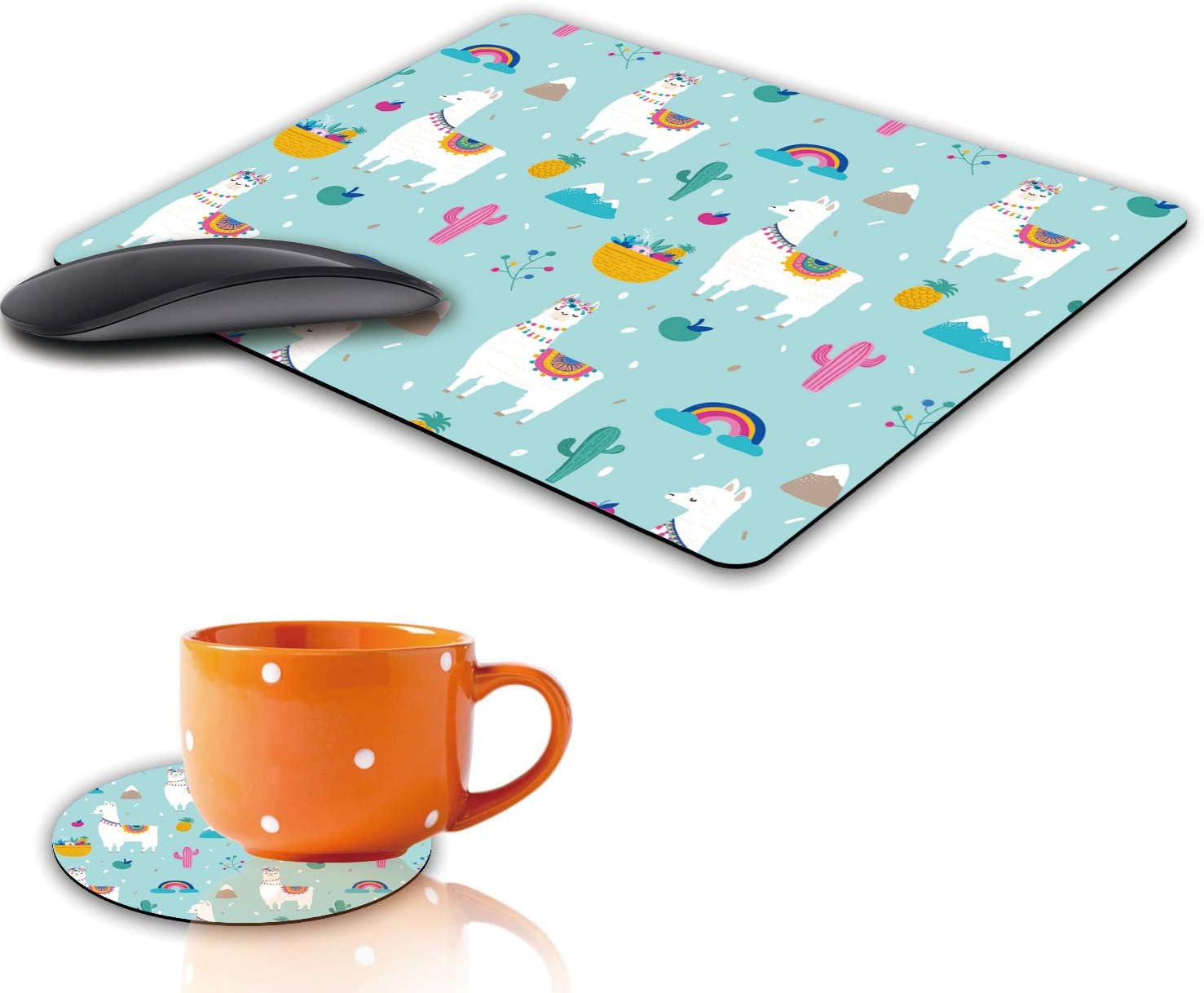 Mouse Pad and Coaster Set, Cute Llama Alpaca Design Rectangle Non-Slip Rubber Mouse Pads Office Desk Accessories for Computers Laptop