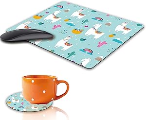 Mouse Pad and Coaster Set, Cute Llama Alpaca Design Rectangle Non-Slip Rubber Mouse Pads Office Desk Accessories for Computers Laptop