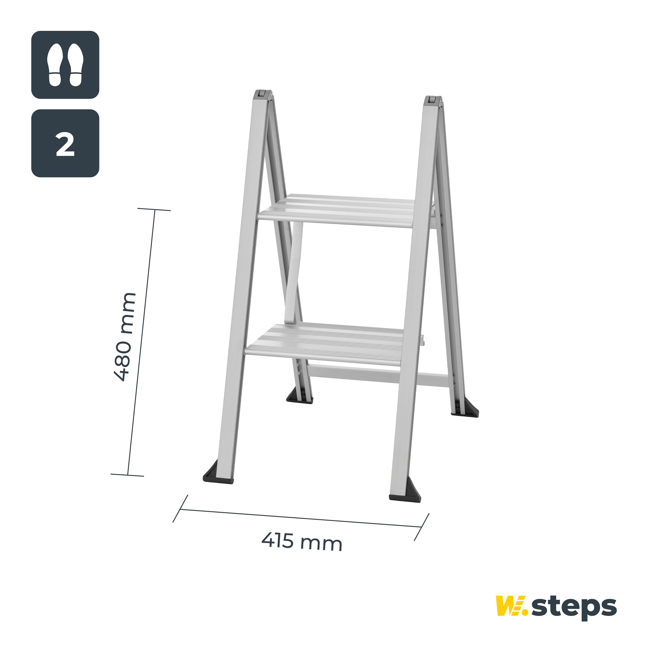 Alu Trittleiter Vikingstep Mini von W.Steps I 480mm hoch I Belastbar bis 150kg I Kompakte Aluminium Klapptrittleiter mit 2 Stufen I Nur 35mm breit I 728141