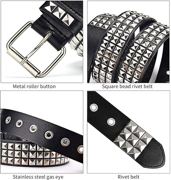 stylish Punk Leather Belt,Women Men Goth Pyramid Studded Square Beads Rivet Belts for Jeans pants dress3