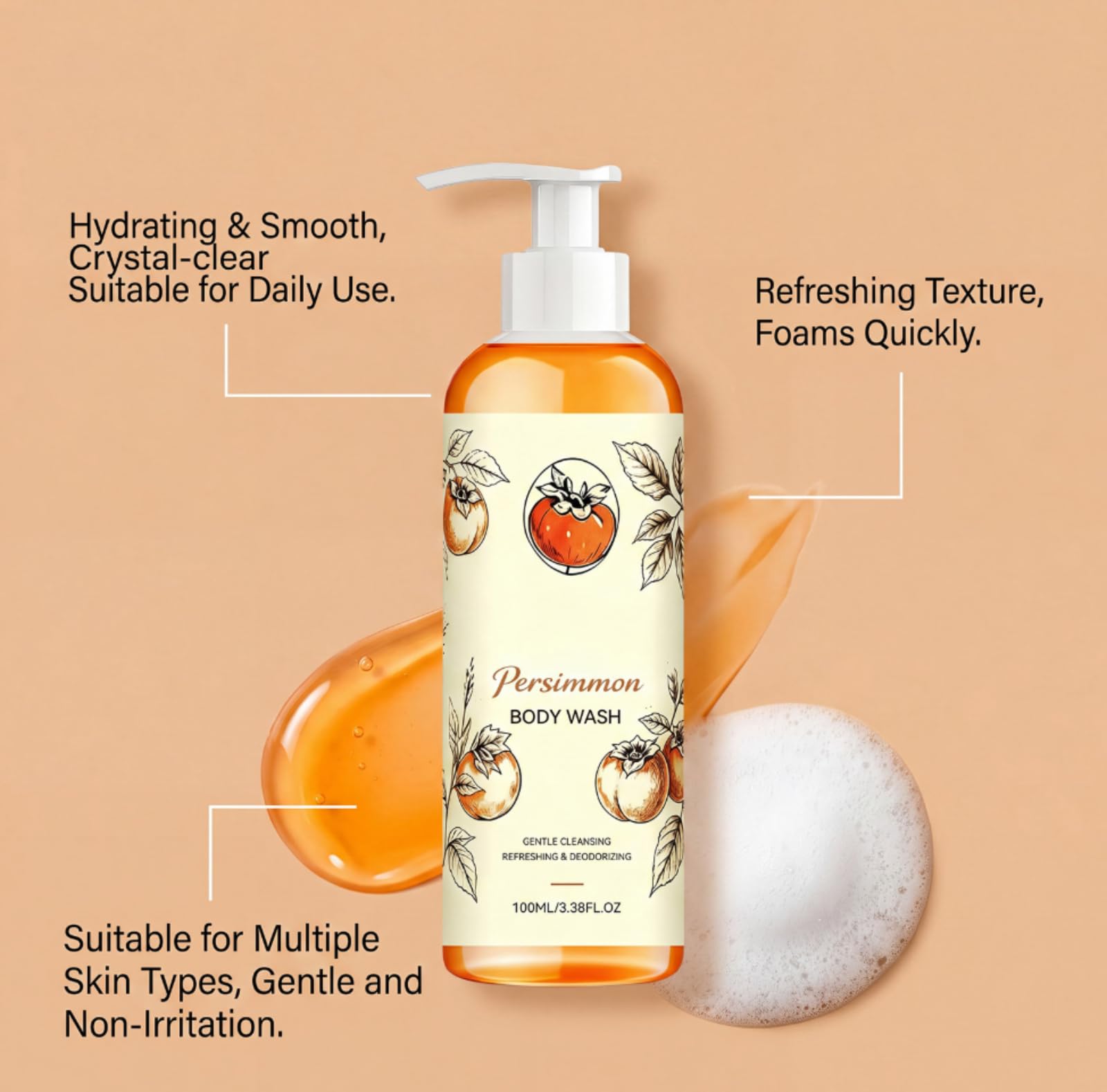 Gel Doccia Detergente Corpo Profumo Frutta Dolce Deodorante Fresco | Cura del corpo del gel doccia con estratto di cachi pulizia delicata effetto deodorante per uso quotidiano