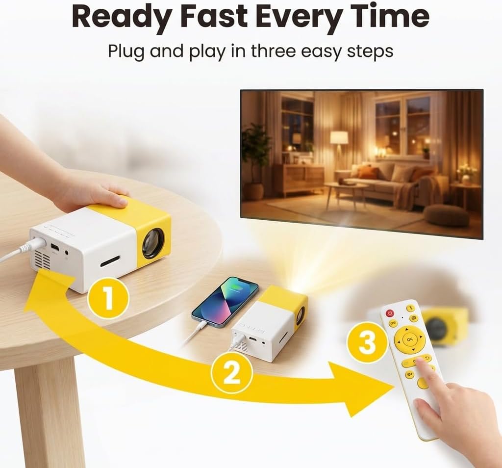 Mini Portable Projector - Unique Yellow & White Design, 100 Lumens, Supports 1080p Input, HDMI USB TF Card Remote Included - Perfect for Kids, Bedroom, Dorm Room, Travel & Outdoor Movie Nights