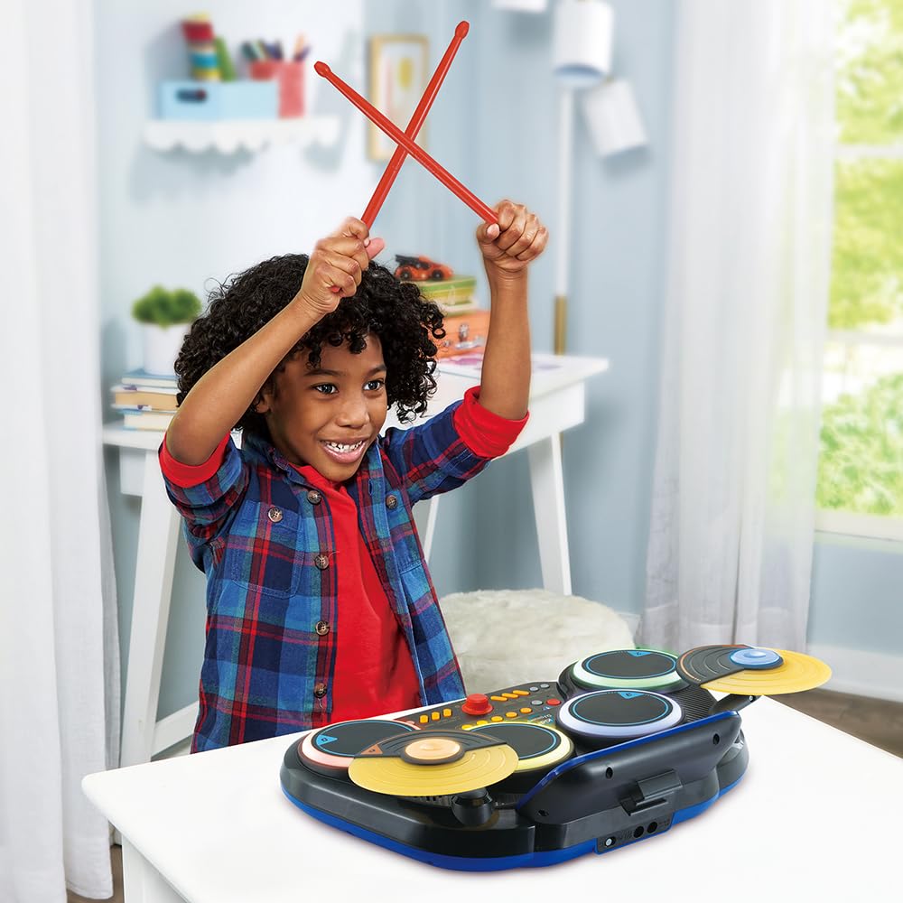 VTech Kidi DJ Drums, batería electrónica Infantil con Almohadillas Luminosas, platillos, Palillos, Bluetooth, Toma Jack para Auriculares, Aprendizaje y Juegos, Para niños a Partir de 6 años, francés