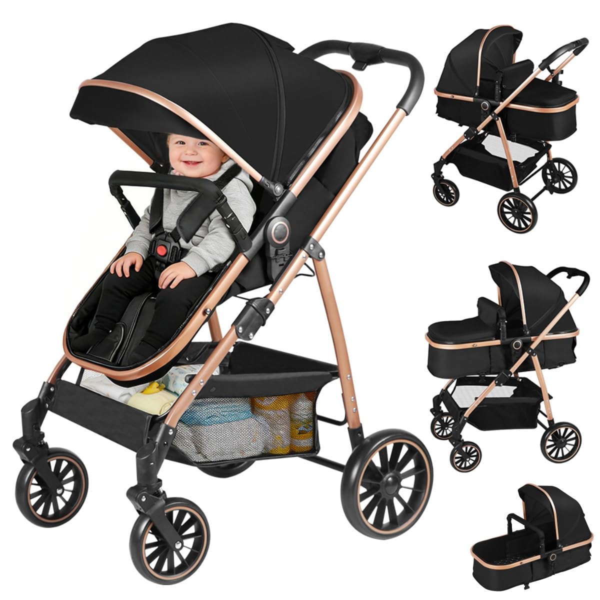 Poussette 3 en 1,Haute Vue Poussette Bebe Pliante,Voyage Pour Bébé 0 à 4ans | Panier de couchage panier 2 en 1, siège amovible, Auvent pliant