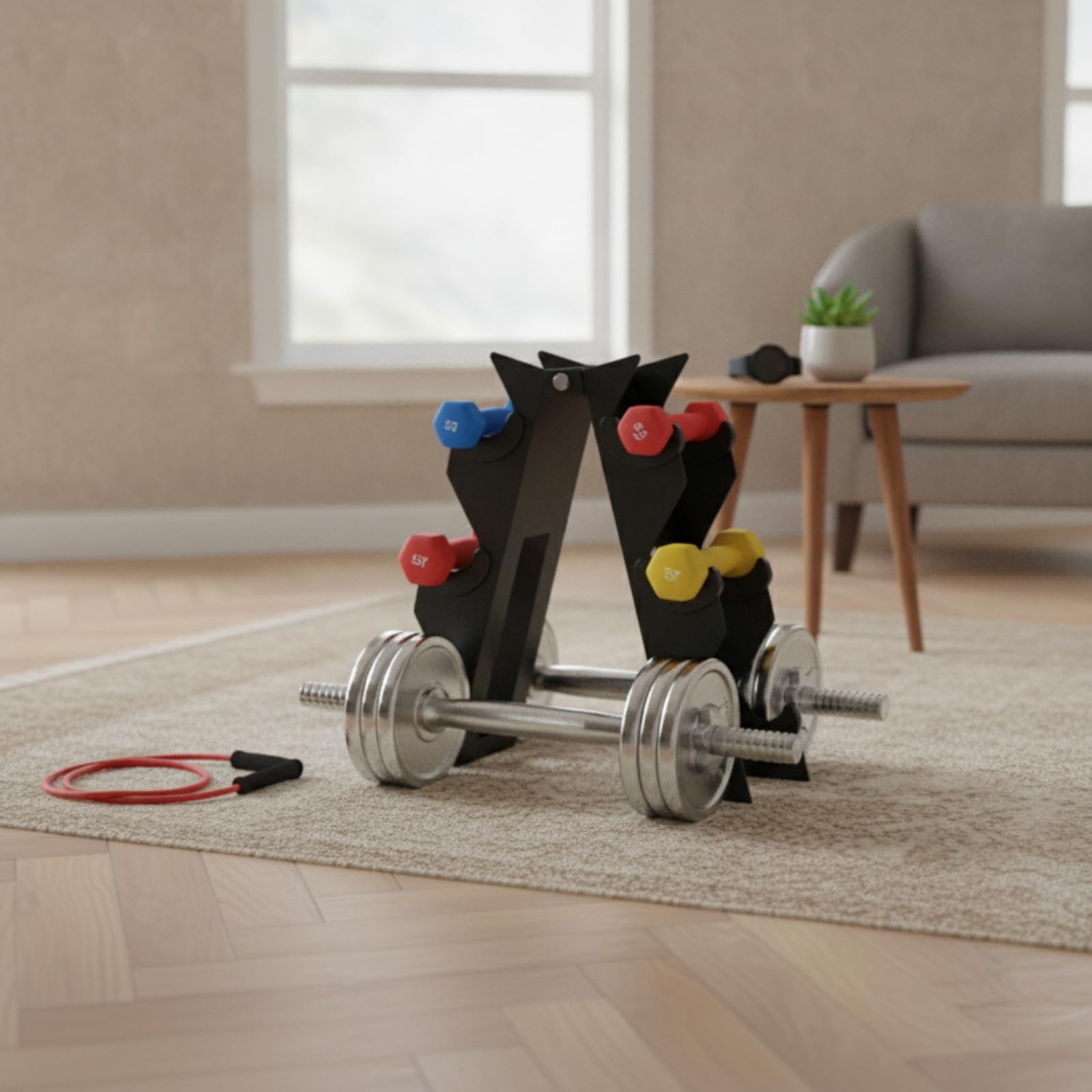 Porta Manubri a Tre Livelli Pieghevole Rastrelliera con Maniglia Triangolare Attrezzatura per Appassionati di Fitness, Palestra