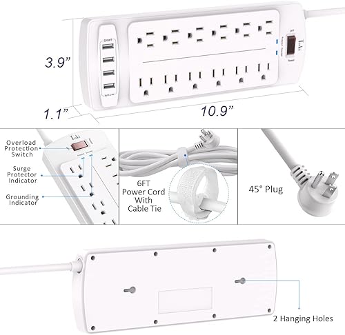Miniatura 7 de Tcstei - Protector de sobretensiones con 12 salidas y 4 puertos USB, cable de extensión de 6 pies (1875 W15 A) para el hogar, oficina, artículos