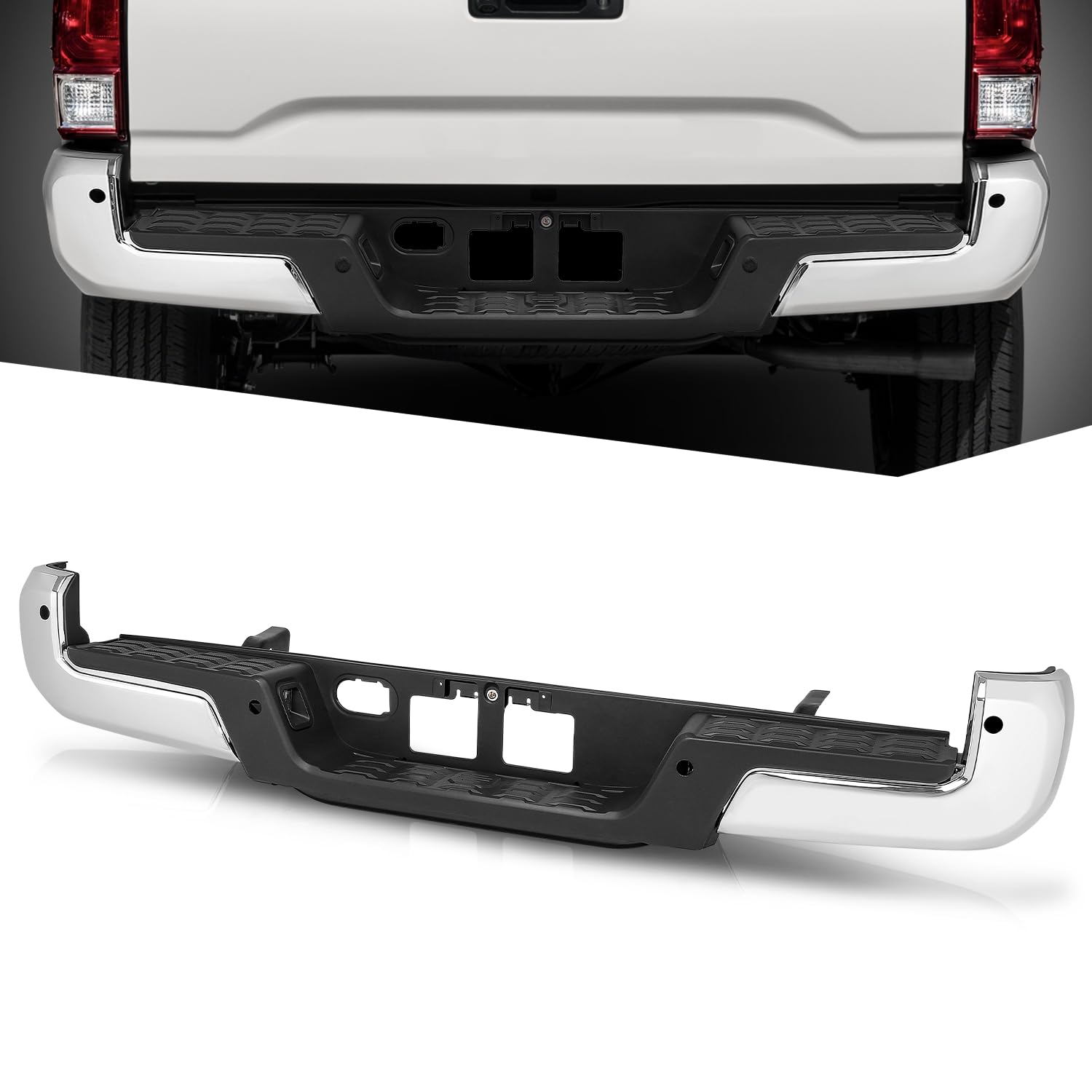 Auto Dynasty Rear Step Bumper Assembly Compatible with 2016-2023 Toyota Tacoma, with Park Assist Cutouts, Polished Chrome, TO1103127