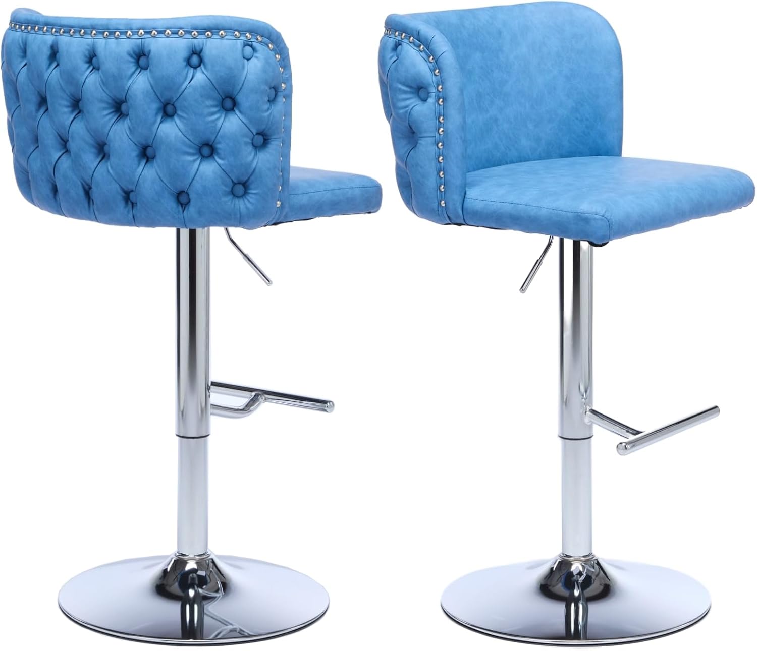 Adjustable Height Bar Stools Set of 2, Swivel Barstools with Button Tufted Backrest and Chrome Metal Base,PU Leather Upholstered Kitchen Island Chairs for Pub, and Counter(Blue,2 PCS)