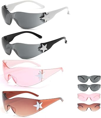 4PCS Sunglasses Y2k, Rimless Wrap Around Sunglasses For Women Men, Retro Trendy Womens Oversized Shades Cool Star Fashion Sun Glasses Uv380
