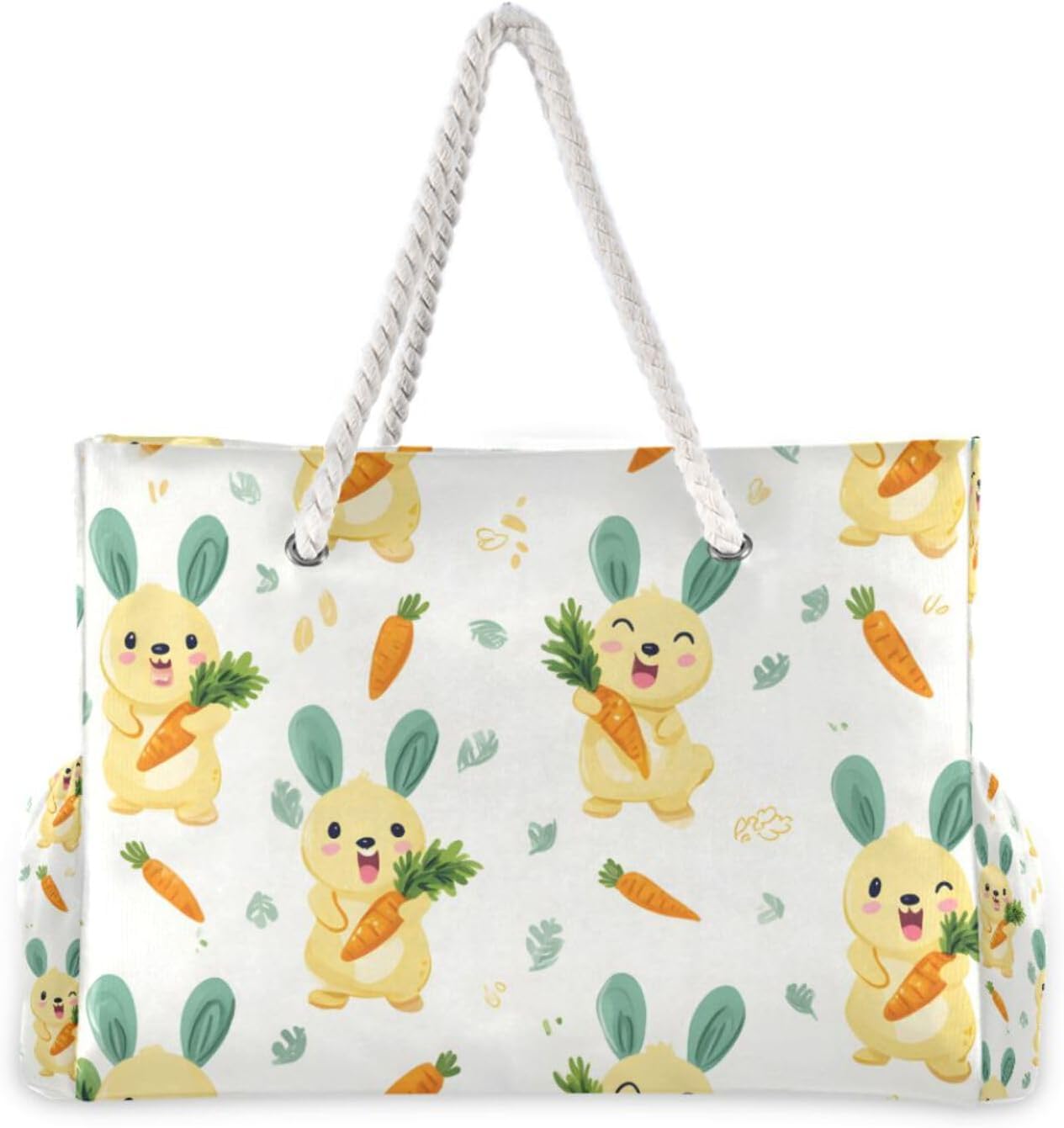 OTVEE Yellow Bunnies Holding Carrots Beach Bags for Women Ladies Large Canvas Tote Shoulder Bag Waterproof Travel Bags for Gym Swim Pool Camping