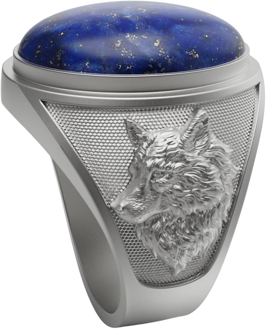 Lapis lazuli Wolf Head Signet Man Ring, Silver Lapis Gemstone Wolf Men's Ring, Animal Signet Rings, Wild Wolf Men Rings