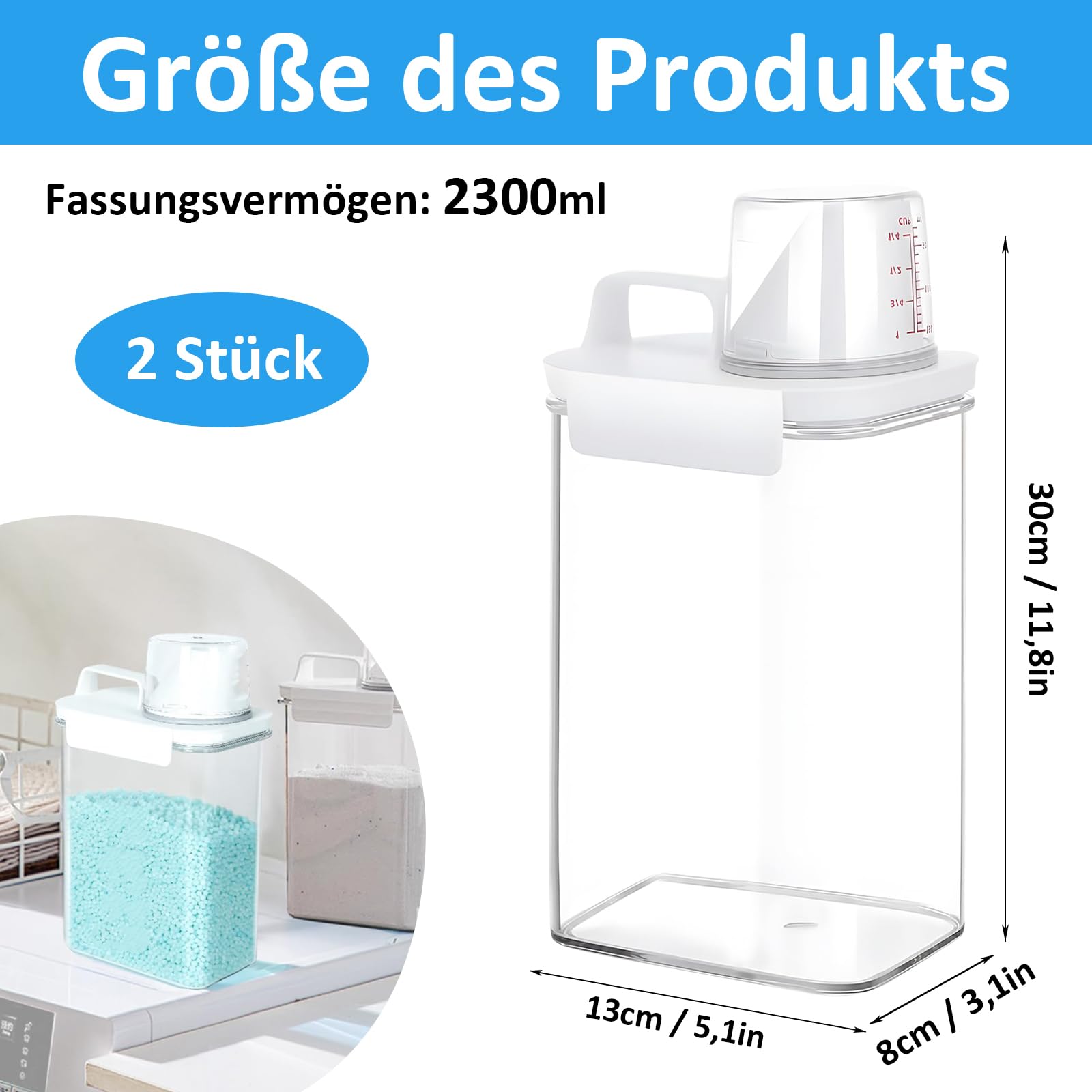 2300 Ml Luftdichter Waschmittelspender Mit Messbecher – Aufbewahrungsbox Für Waschpulver, Flüssigwaschmittel & Wäscheparfüm, Vielseitig Einsetzbar