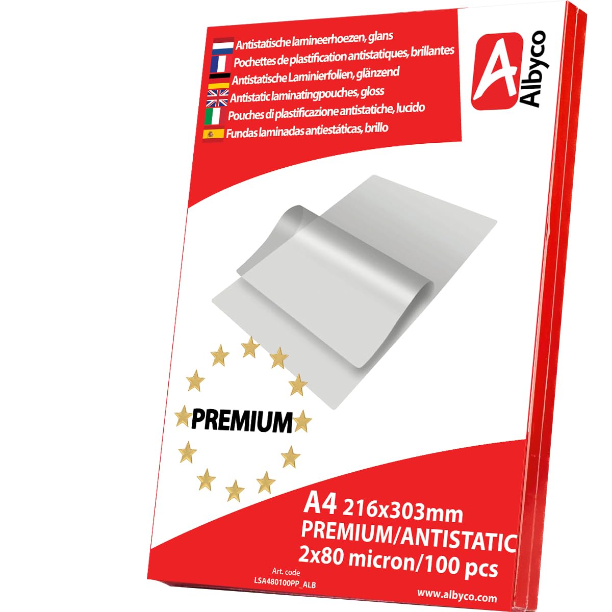 Fundas para Plastificar Antiestáticas Albyco Premium - Láminas para Plastificar - Lámina para plastificar - A4 (216 x 303 mm) - 2 x 80 (160) micras - 100 unidades - Brillo