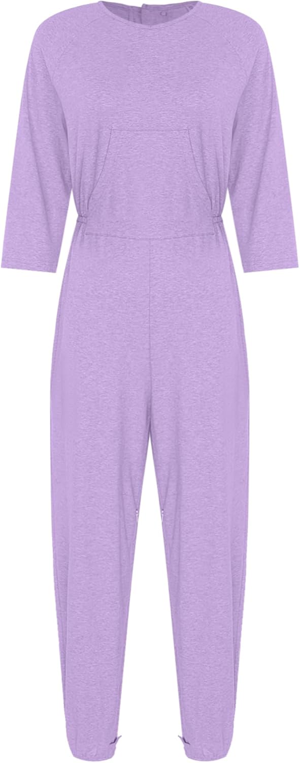 iEFiEL Women's Elderly Anti-Strip Adaptive Jumpsuit Back Zip Nursing Rompers for Special Needs Disabilities Lavender Large