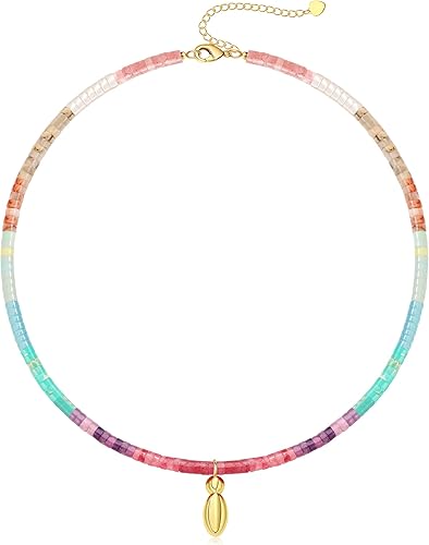 Beaded Initial Necklaces for Women Teen Girl Gifts Trendy Stuff Colorful Gemstone Choker Necklace with Bubble A-Z Stocking Stuffers for Teens Christmas Gifts for Her Birthday Summer Beach Jewelry for Daughter Sister Friend