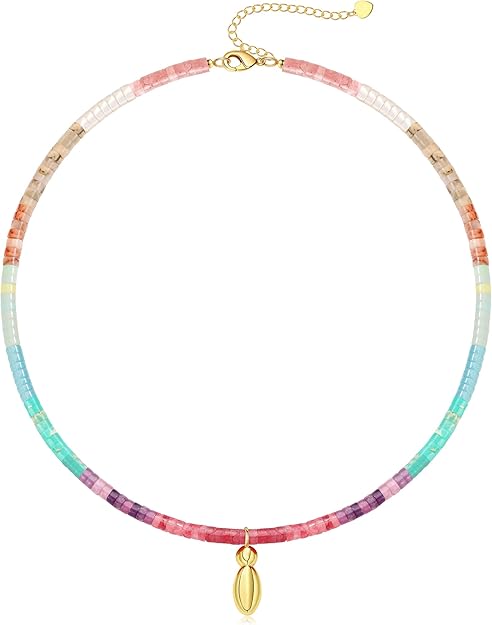Beaded Initial Necklaces for Women Teen Girl Gifts Trendy Stuff Colorful Gemstone Choker Necklace with Bubble A-Z Stocking Stuffers for Teens Christmas Gifts for Her Birthday Summer Beach Jewelry for Daughter Sister Friend