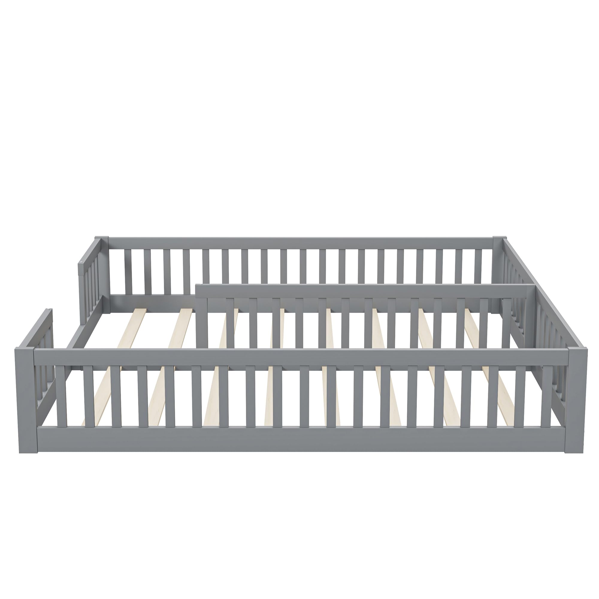 Lettino da pavimento 90 x 200 cm, con rete di sicurezza, in legno di pino, per famiglie con 2 bambini, letto gemellare con rete a doghe, grigio