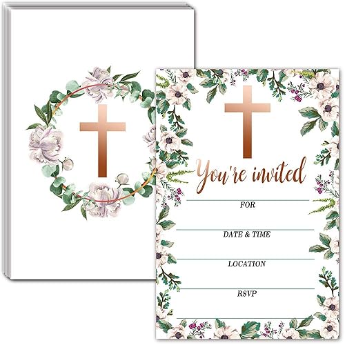 Religious Celebration Invitations with Envelopes – Floral Frame Style Invitations