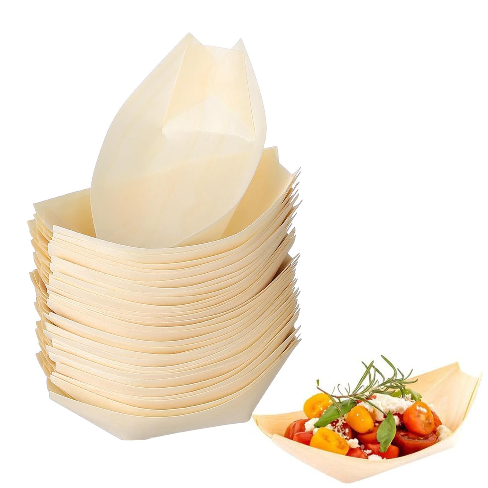 Yuannee Wooden Serving Boats,50 PCS 5 Inch Wooden Boat Dishes Pinewood Boat Plates Snack Bowl Serving Bowl for Fingerfood Currywurst Pommes Sushi(14*8CM)