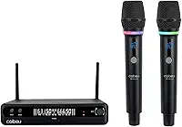 Microfone Sem Fio Duplo UHF, Microfone Dinamico Karaoke, 2 Microfones de Mão com Receptor, Saídas XLR/6,35 mm, Alcance até 50 m, Bateria Recarregável Type-C, para Karaokê, Igrejas, Palcos e Eventos