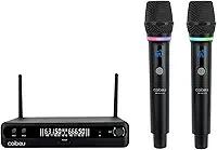 Microfone Sem Fio Duplo UHF, Microfone Dinamico Karaoke, 2 Microfones de Mão com Receptor, Saídas XLR/6,35 mm, Alcance até 50 m, Bateria Recarregável Type-C, para Karaokê, Igrejas, Palcos e Eventos